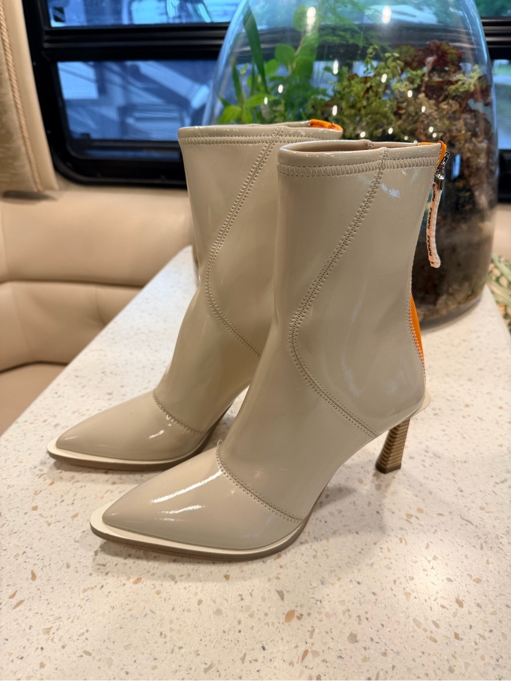 Fendi Patent Mid-Calf Pointed Toe Boots in Cream with Orange Zip